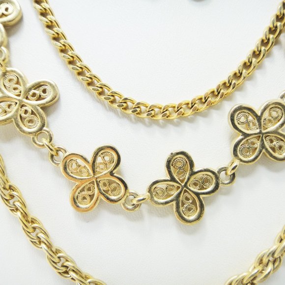 Multi Strand Clover Motif Necklace Gold Tone Chains 4 - Picture 3 of 7